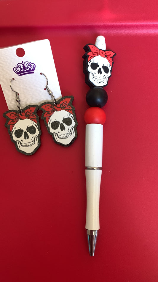 Bandana Skull Pen & Earrings